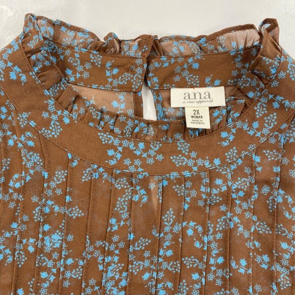 Ana Womens Brown Blue Floral Chiffon Blouse Ruffle Neck Keyhole Back Size 2X - Picture 5 of 7